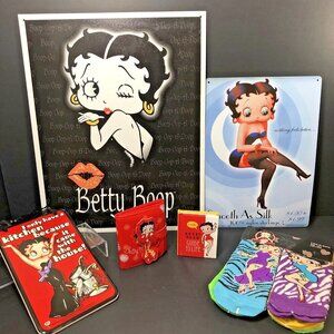 Betty Boop Collection, Lot Of 6, Signs, Socks, Wallet And Book ** READ**  CN